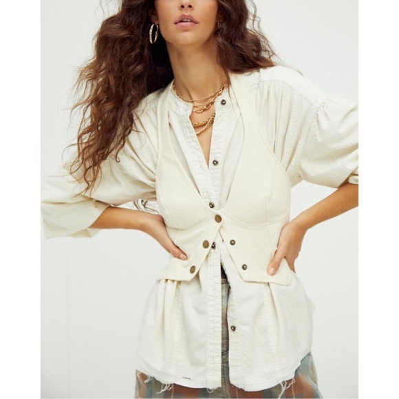 Free People Cream Button-Front Top - Picture 3 of 3